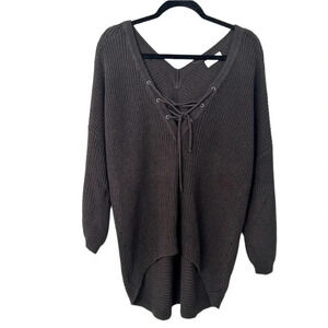 Altar'd State Charcoal Gray V-Neck Lace Up Cozy Hi-Low Sweater Sz Sm GUC